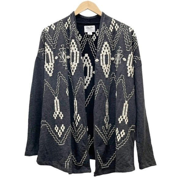 Lucky Brand Lucky Lotus Gray Boho Aztec Embroidered Knit Cardigan Size Medium - Picture 1 of 11